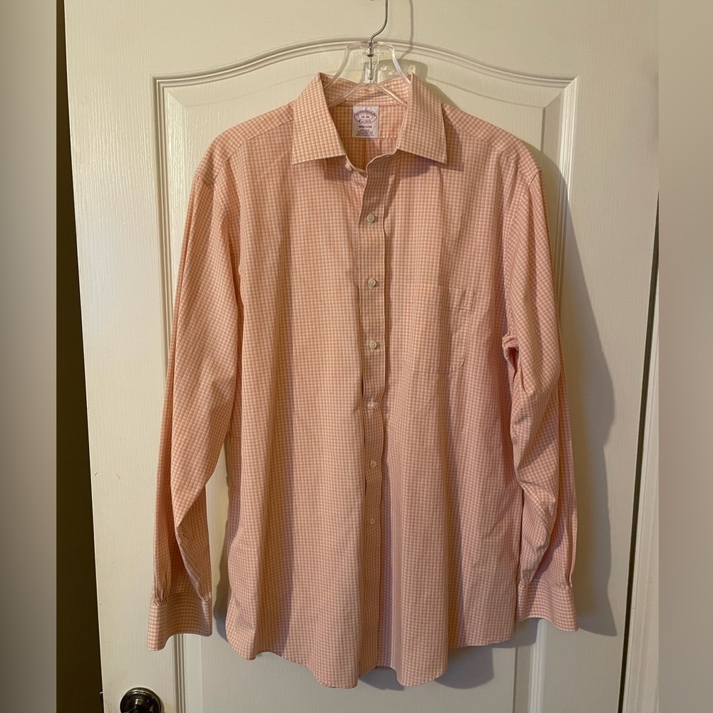 Brooks Brothers Madison Non Iron Supima  Men's Dress Shirt 16 35 Orange Check